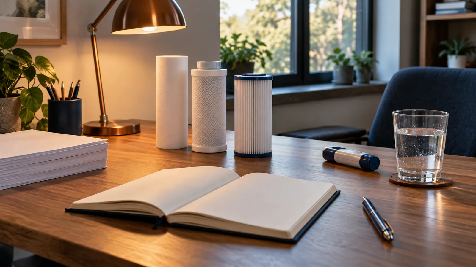 Reviewer desk with notes, filter cartridges and a glass of water