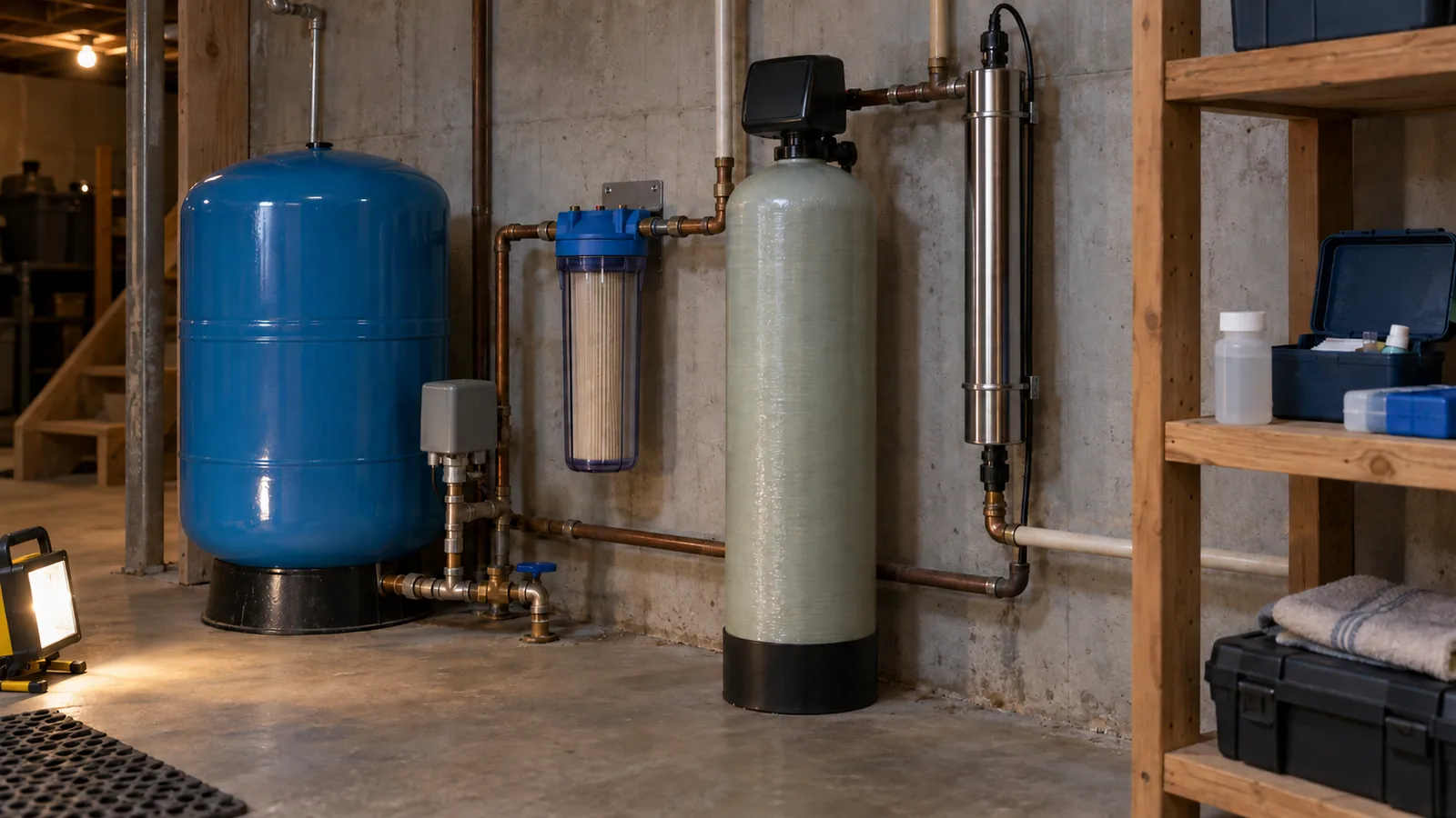 Basement well system with pressure tank, sediment filter and a water sample bottle ready for lab testing