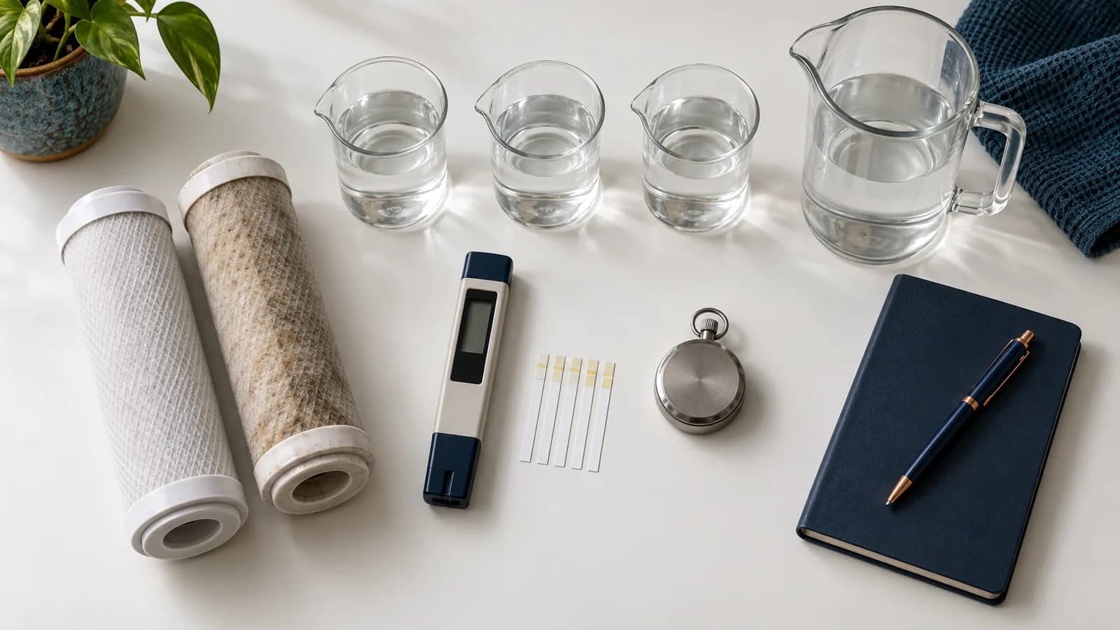 Water testing tools laid out on a workbench: beakers, meter, test strips and used cartridges